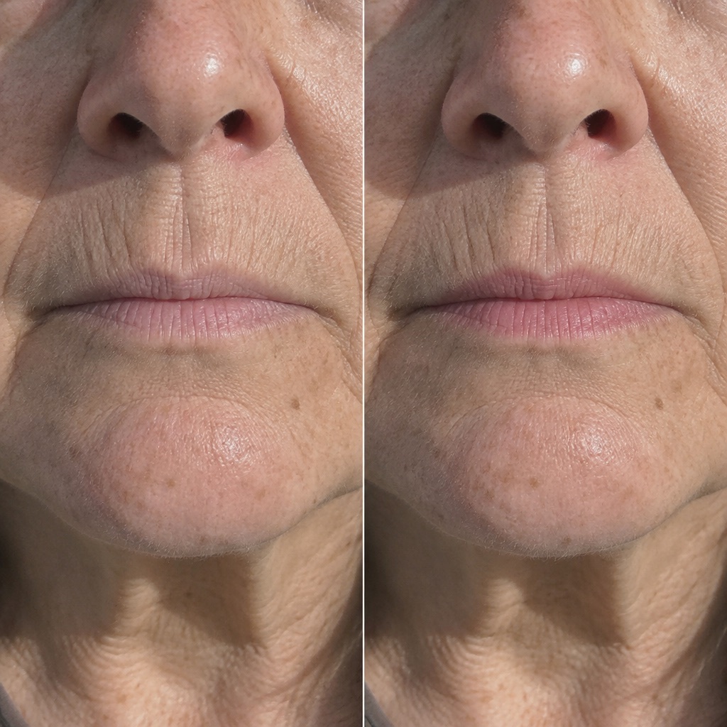 The same mouth photographed without and with a soft rose tint